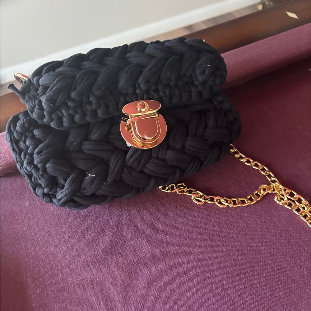 Black and Gold Mini Crochet Hand Bag with Chain